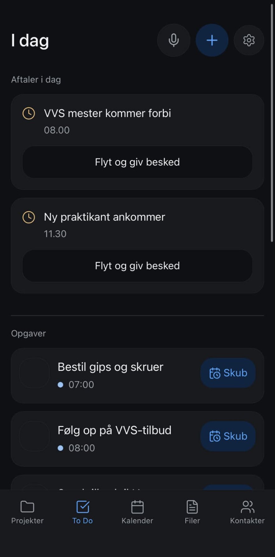 Dagens aftaler og opgaver i Atelier med tidspunkter og knapper til at flytte dem