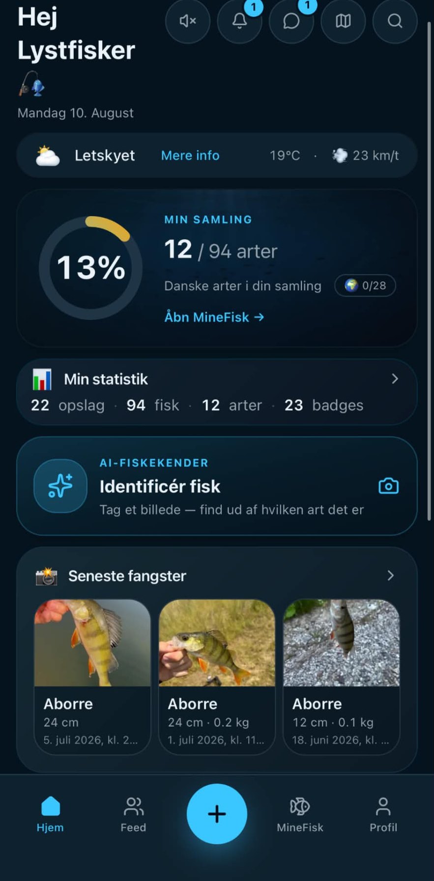 Forsiden i MineFisk med samlingen og statistik over fangster
