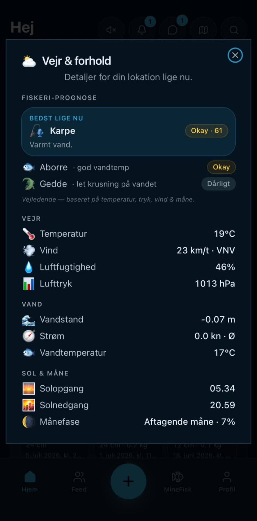 Vejr og forhold i MineFisk med prognose, vind, vandstand og månefase